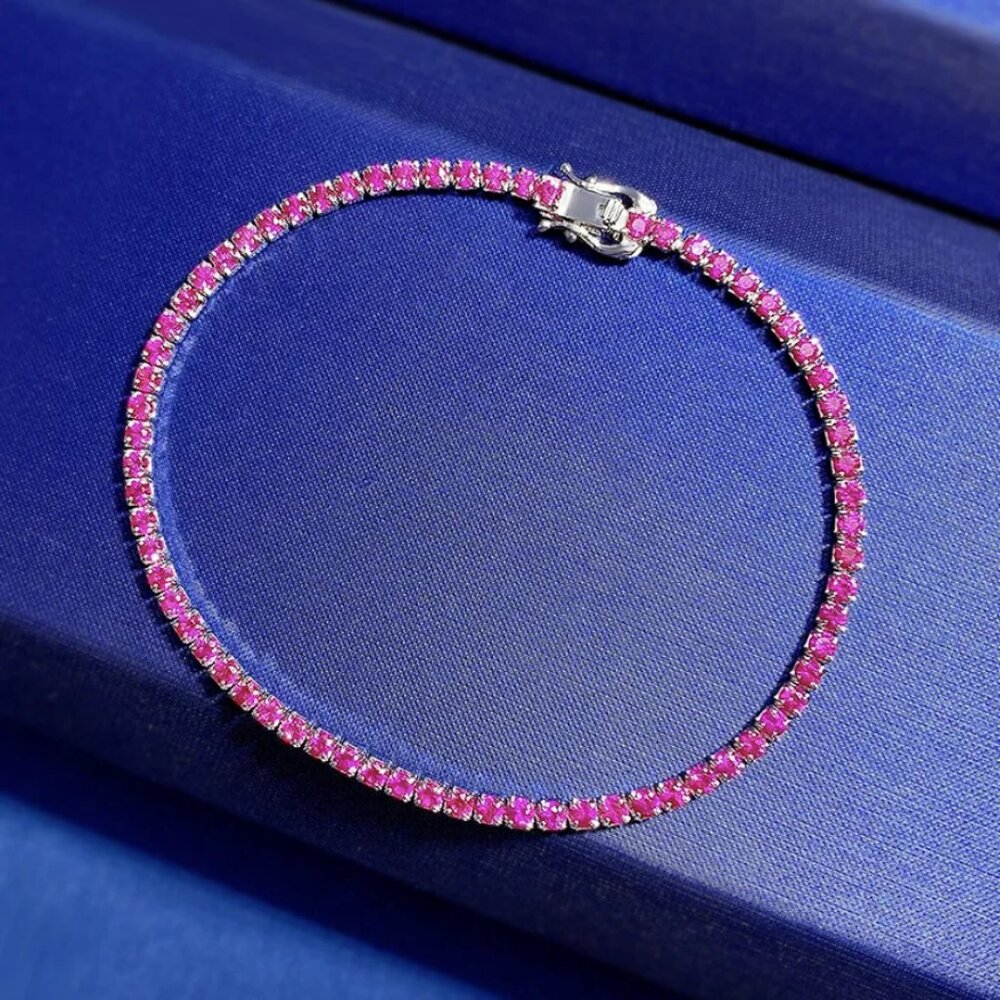 2mm Solid 925 Silver Womens 2ct Rose Red Ruby Gemstone Tennis Bracelet 7" 7 inch